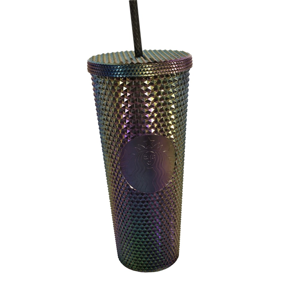 NEW Starbucks Oil Slick Iridescent Studded Venti Tumbler 24oz Purple Green Straw